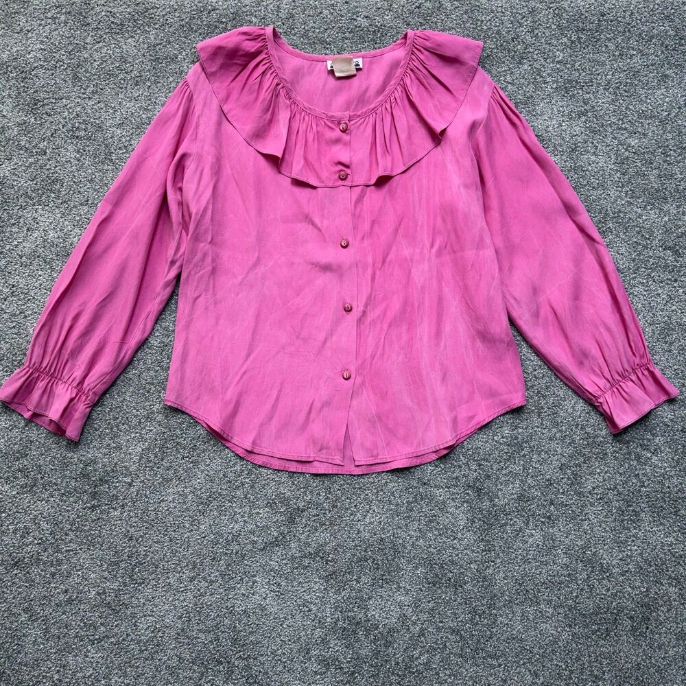 RARE Vintage Contempo Casuals Pink Silk Ruffle Neck Blouse Romantic 90s Small
